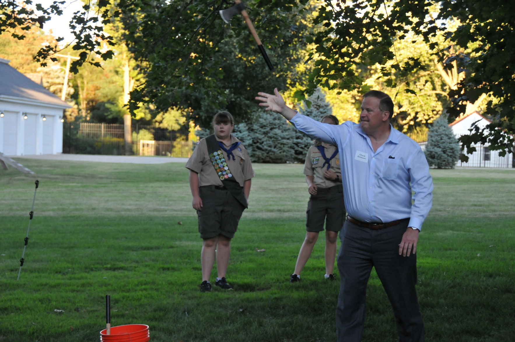 Chuck Erickson shows off his axe throwing skills